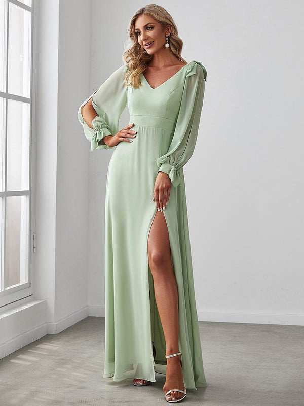 Gentle Split Sleeve Low Back Thigh Slit Bridesmaid Dress