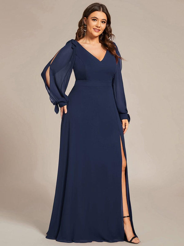 Plus Size Split Long Sleeve V-Neck Bridesmaid Dress
