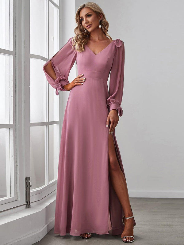 Gentle Split Sleeve Low Back Thigh Slit Bridesmaid Dress