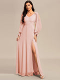 Gentle Split Sleeve Low Back Thigh Slit Maxi Dress in Pink