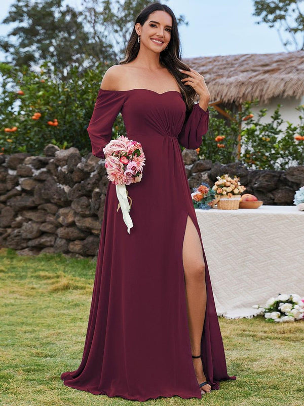 Long Sleeve Chiffon Off Shoulder Evening Dresses
