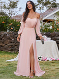 Long Sleeve Chiffon Off Shoulder Dresses with High Slit In Pink