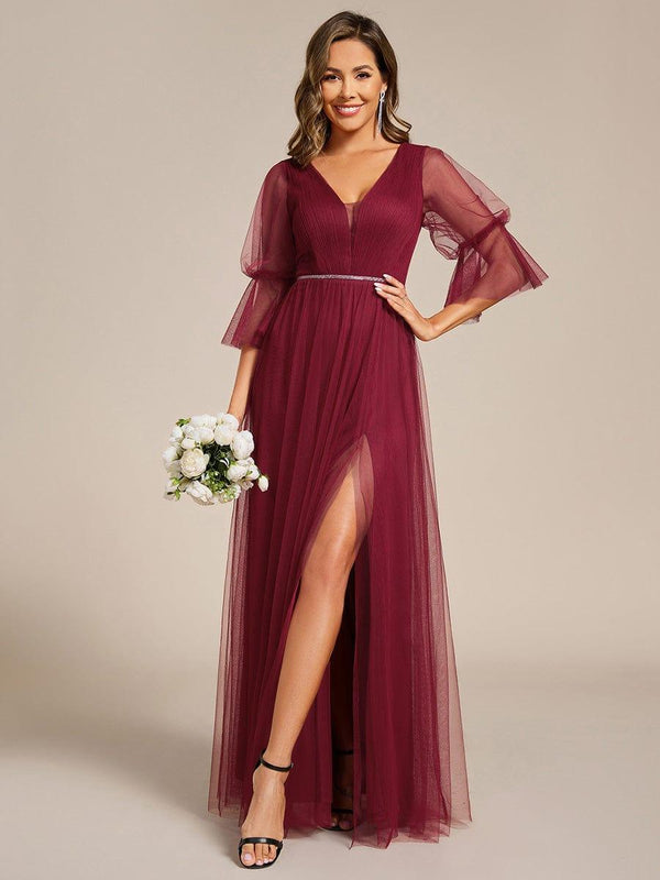3/4 Sleeve Deep V-Neck Tulle Bridesmaid Dress