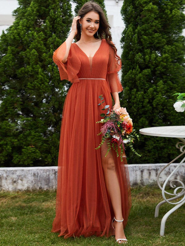3/4 Sleeve Deep V-Neck Tulle Bridesmaid Dress with Chain Waist Detail