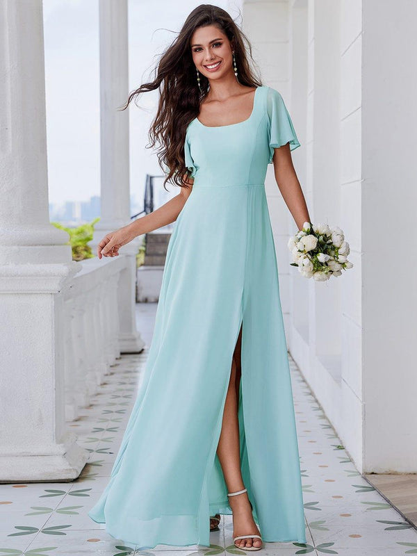 U-Neck Ruffle Sleeve High Slit A-Line Bridesmaid Dress