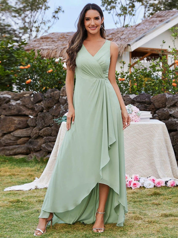High-Low Ruffles V-Neck Bridesmaid Dress