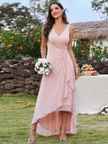 High-Low Ruffles V-Neck Bridesmaid Dress with Waist Pleating (Final Sale)