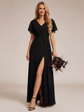 A-Line Ruffle Sleeves and High Slit Chiffon Bridesmaid Dress with V-Neck