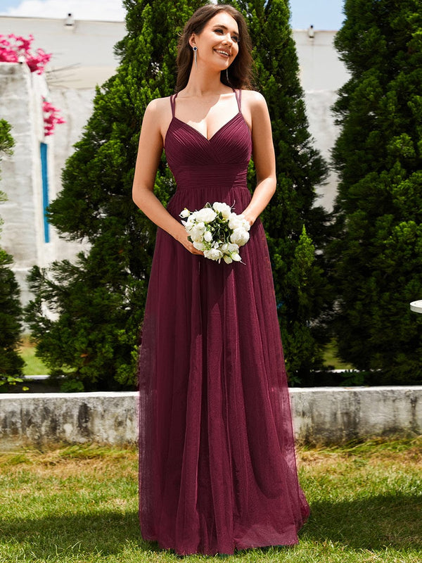 Lace Back Cross-Strap V-Neck Pleated Sleeveless Tulle Bridesmaid Dress