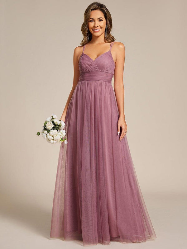 Lace Back Cross-Strap V-Neck Pleated Sleeveless Tulle Bridesmaid Dress