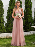 Lace Back Cross-Strap V-Neck Pleated Sleeveless Tulle Bridesmaid Dress