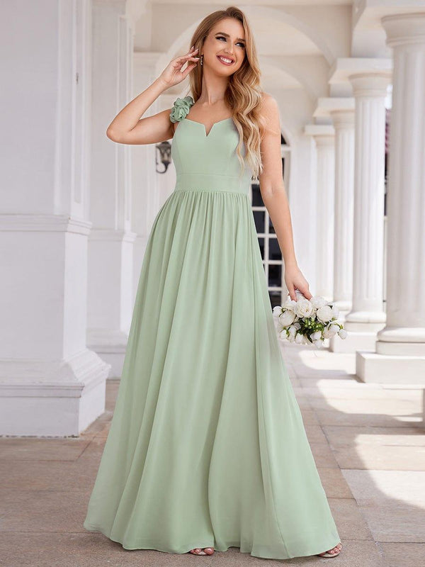 V-Neck Floral Strap Empire Waist Chiffon Bridesmaid Dress