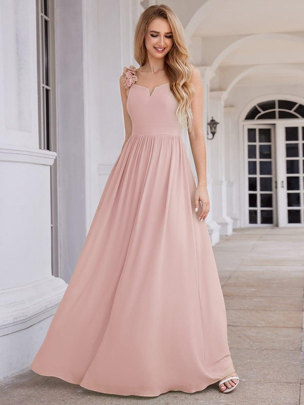 V-Neck Floral Strap Chiffon Maxi Dress in Pink