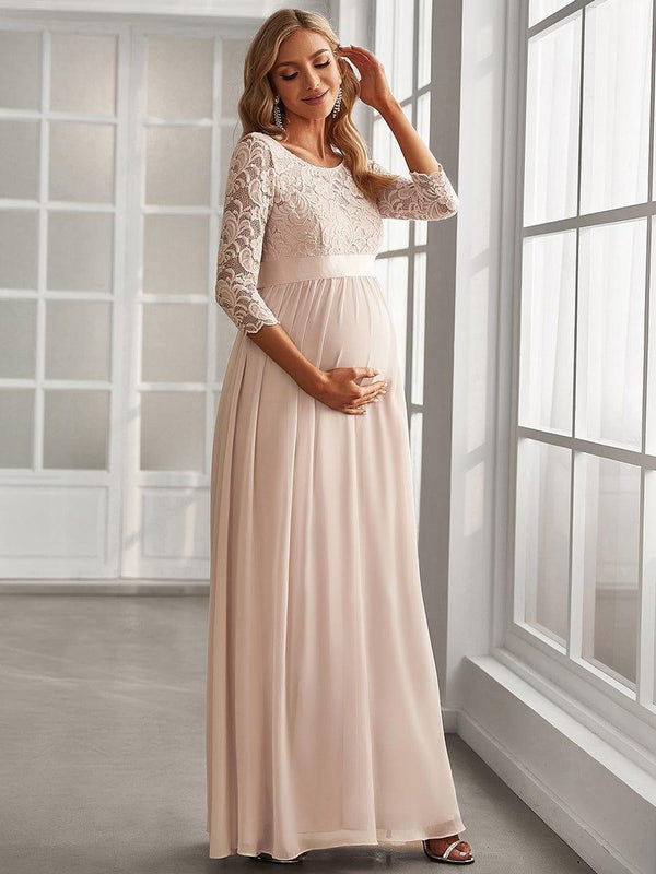 Round Neck V Back 3/4 Sleeves Embroidered Maternity Dress
