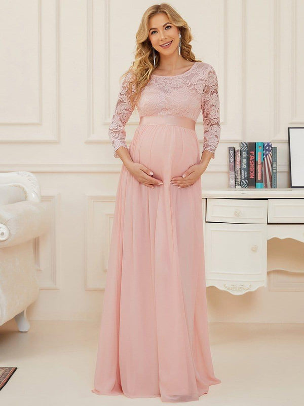3/4 Sleeves Embroidered Maternity Maxi Dress in Pink