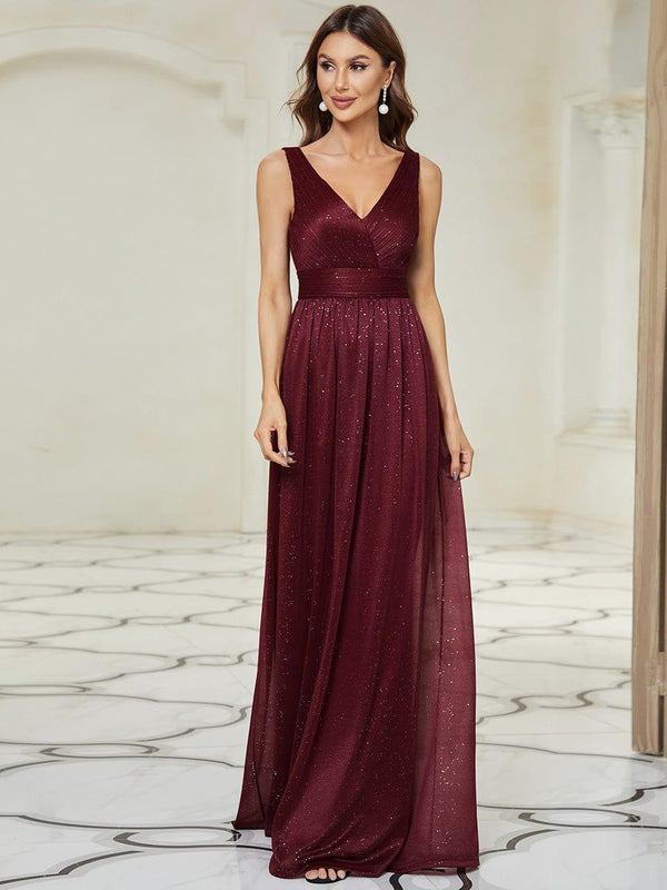 Maxi Double V Neck Floor Length Sparkly Wedding Guest Dress
