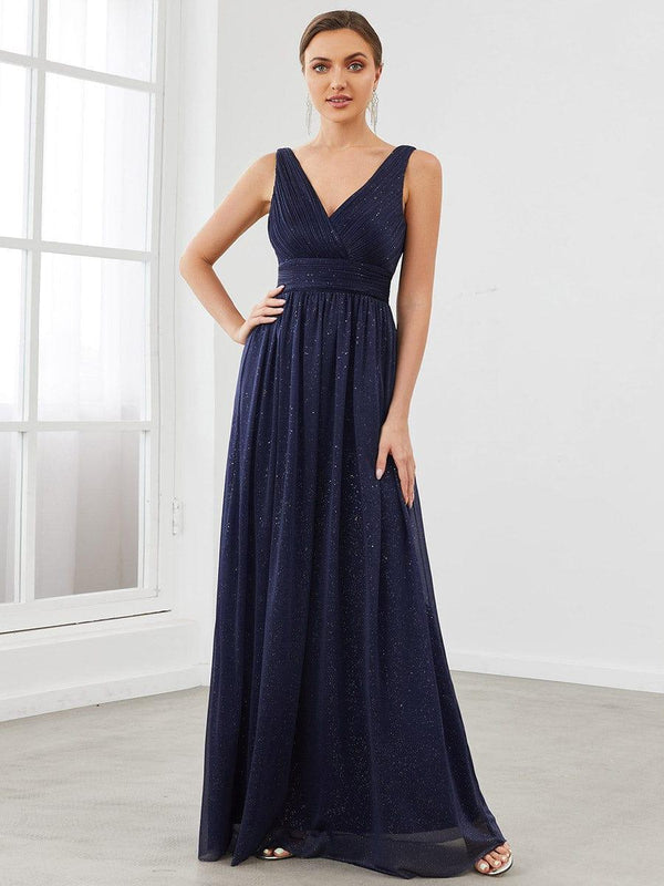 Maxi Double V Neck Floor Length Sparkly Wedding Guest Dress