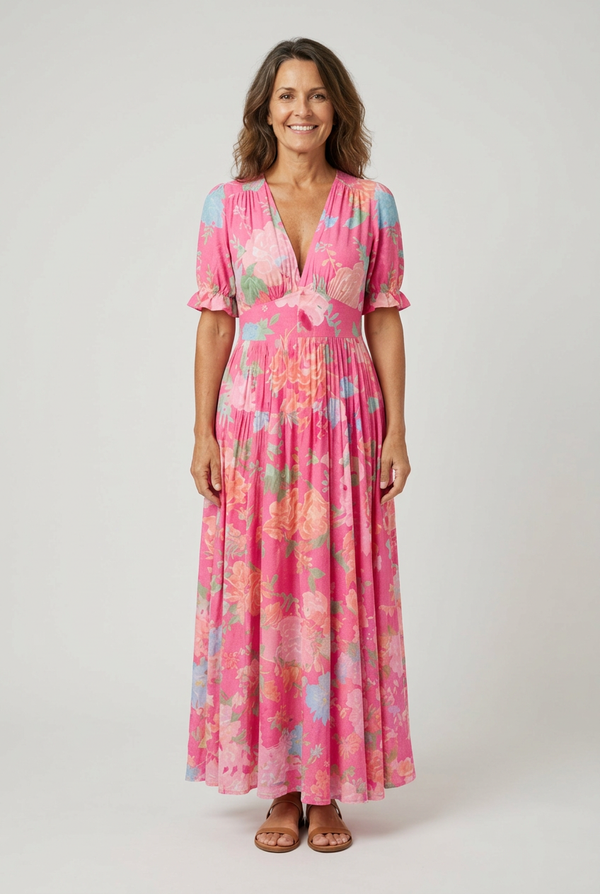 Ione Short Sleeve V Neck Floral Midi Dress