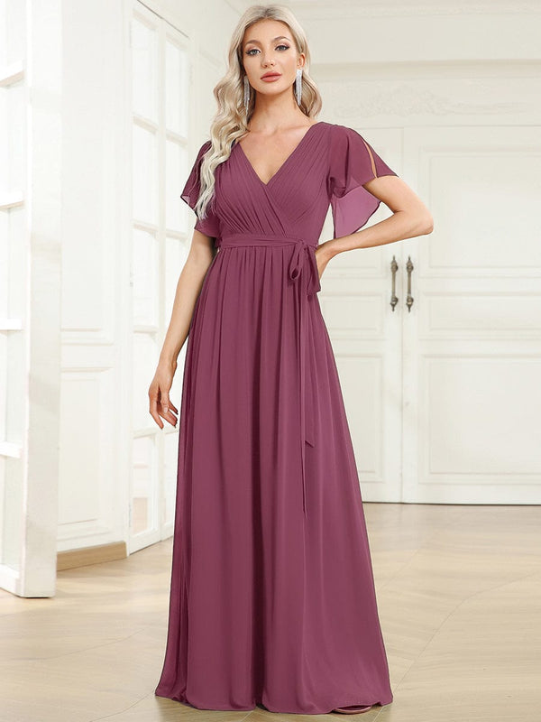 V-Neck Flutter Sleeve Floor-Length A-Line Chiffon Bridesmaid Dress