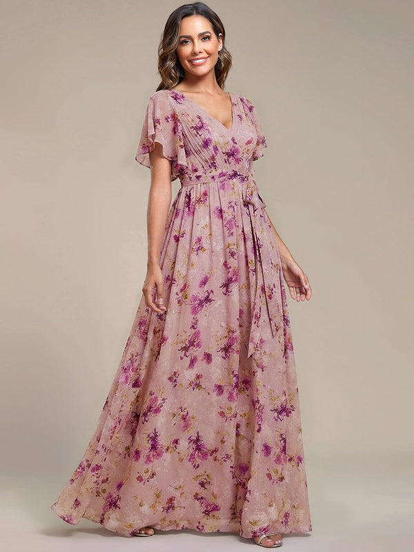 V-Neck Flutter Sleeve Floor-Length A-Line Chiffon Bridesmaid Dress
