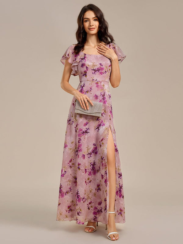 Floral Tie Back Ruffle Sleeves Square Neck Maxi Evening Dress