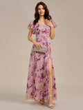 Floral Tie Back Ruffle Sleeves Square Neck Maxi Evening Dress