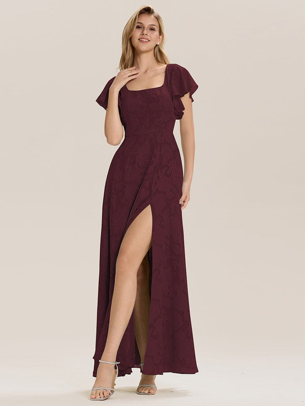 Floral Chiffon Ruffle Sleeve Evening Dress