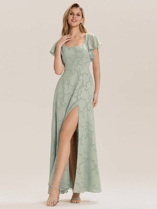 Floral Chiffon Ruffle Sleeve Evening Dress