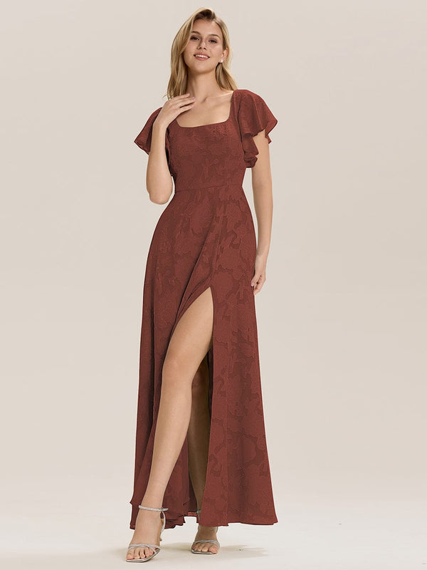 Floral Chiffon Ruffle Sleeve Evening Dress