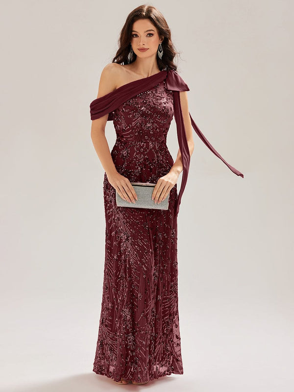 Bow Sequin One Shoulder Evening Dress