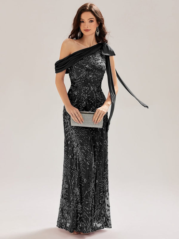 Bow Sequin One Shoulder Evening Dress