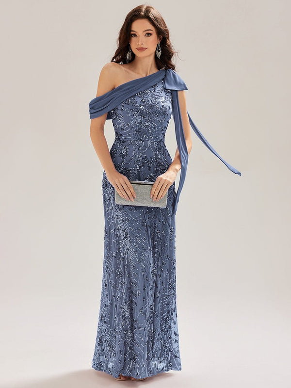 Bow Sequin One Shoulder Evening Dress