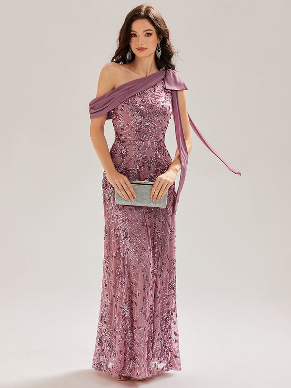 Bow Sequin One Shoulder Evening Dress