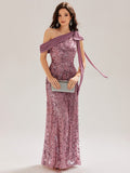 Bow Sequin One Shoulder Evening Dress
