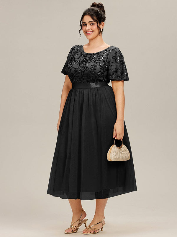 Round Neck Sequin Ruffle Sleeve Evening Dress