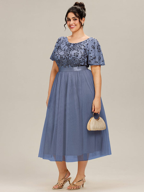 Round Neck Sequin Ruffle Sleeve Evening Dress