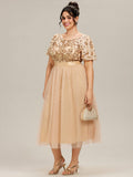 Round Neck Sequin Ruffle Sleeve Evening Dress