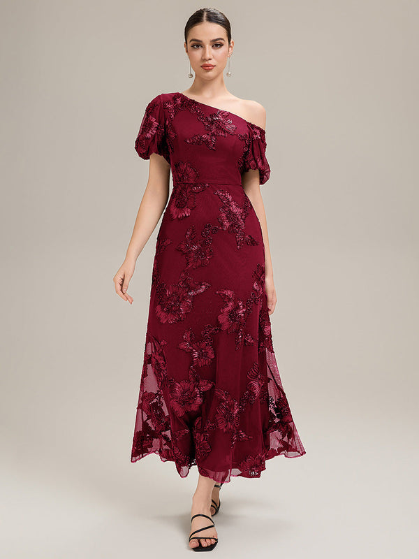 Designer One-Shoulder Puff Sleeve Evening Dress