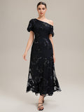Designer One-Shoulder Puff Sleeve Evening Dress