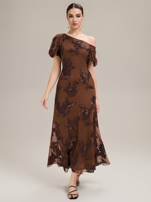 Designer One-Shoulder Puff Sleeve Evening Dress