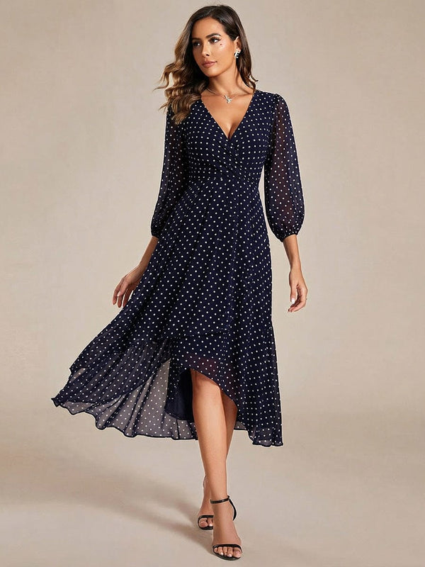 Chiffon 3/4 Sleeve V-Neck High-Low Wedding Guest Dress
