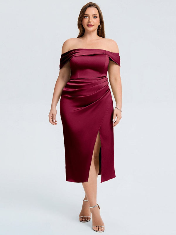 Plus Size Slit Satin Wedding Guest Dress