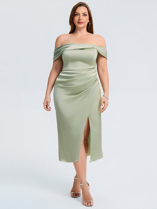 Plus Size Slit Satin Wedding Guest Dress