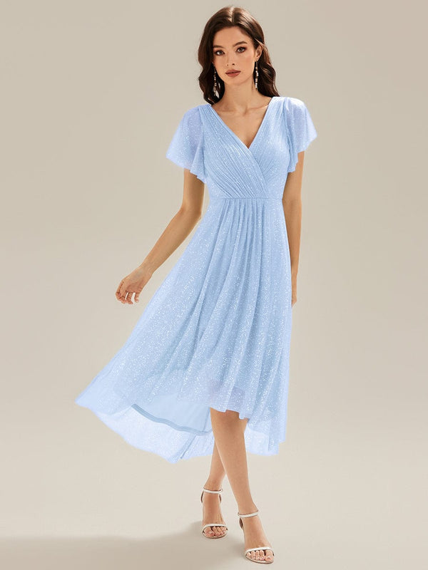 Pleated Glitter Ruffle Sleeve Wedding Guest Dress