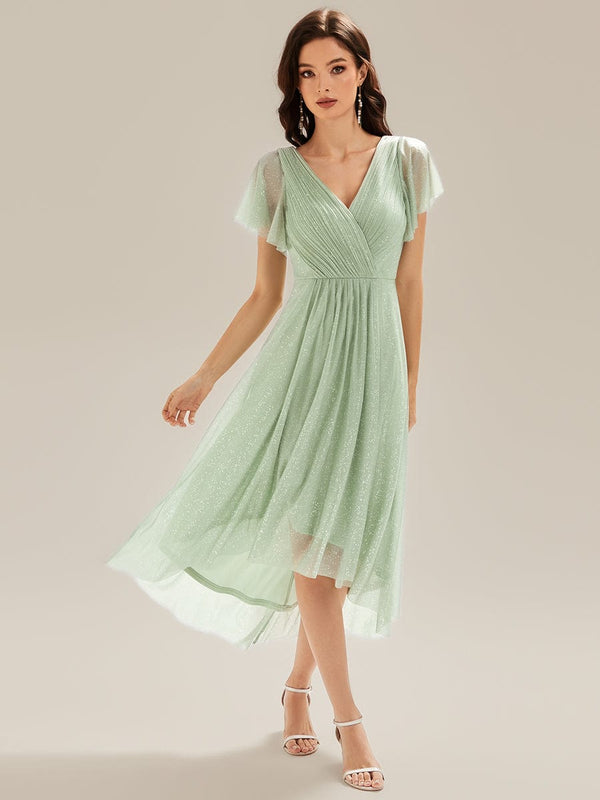 Pleated Glitter Ruffle Sleeve Wedding Guest Dress
