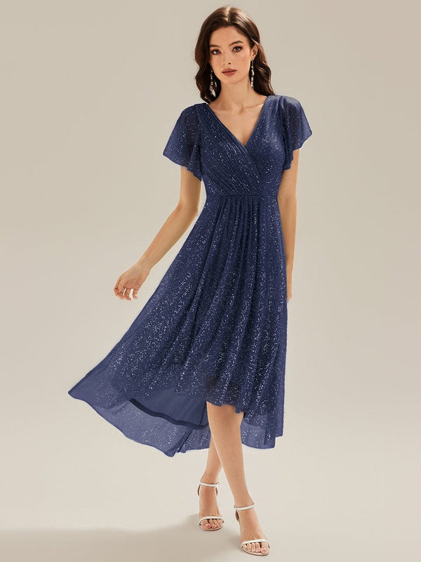 Pleated Glitter Ruffle Sleeve Wedding Guest Dress