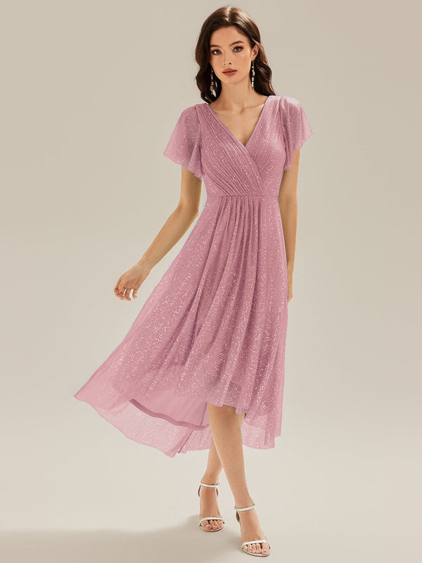 Pleated Glitter Ruffle Sleeve Wedding Guest Dress