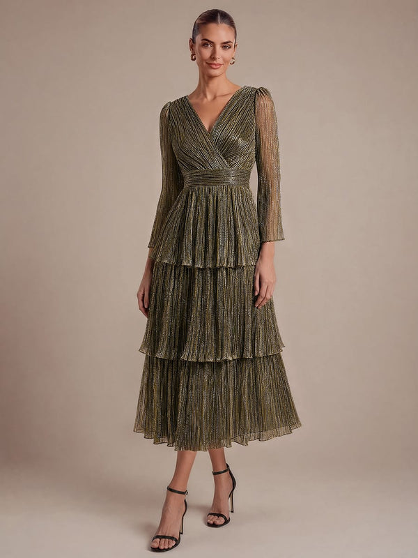 Tiered Tulle A Line Maxi Dress with V Neck Long Sleeve