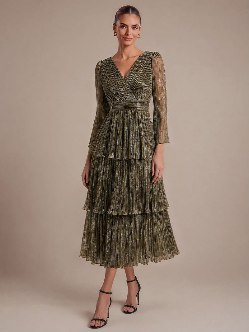 Tiered Tulle A Line Maxi Dress with V Neck Long Sleeve