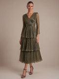 Tiered Tulle A Line Maxi Dress with V Neck Long Sleeve